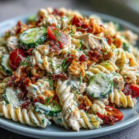 Creamy Chicken Bacon Ranch Pasta Salad bursting with crisp bacon and fresh veggies.