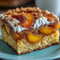 Golden brown butter cornbread shortcakes topped with fresh peaches and fluffy whipped cream.