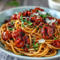 Chili Crisp Tomato Butter Pasta with blistered tomatoes, a rich, spicy, and creamy vegan delight.