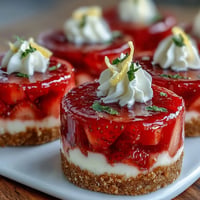 Vibrant strawberry lemonade jello cheesecake cups, layered and chilled creamy perfection.