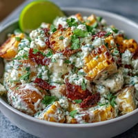 Creamy Elote Potato Salad bursting with grilled corn, cotija, and lime.