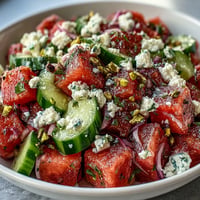 Vibrant Watermelon Feta Crunch Salad with refreshing mint and creamy cheese.