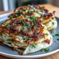 Caramelized Garlic Parmesan Cabbage Steaks roasted tender with bubbly melted cheese.