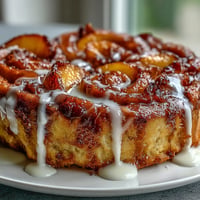 Gooey Peach Cobbler Cinnamon Roll Bake, topped with sweet glaze, fresh peaches.